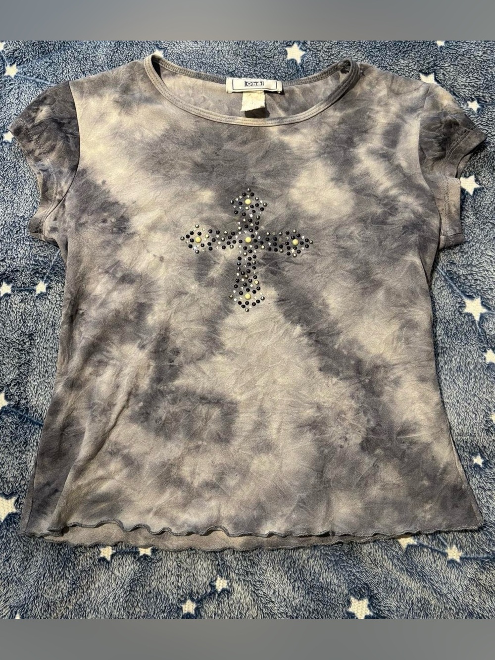 Vintage Y2K Obé grey tie-dye rhinestone cross crop top 🖤✨